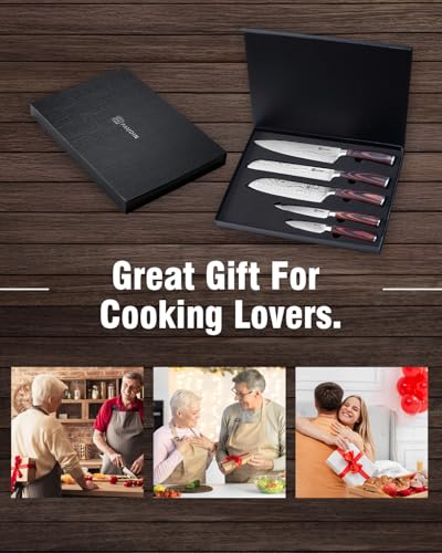PAUDIN Juego de cuchillos de cocina sin bloque, juego de 5 cuchillos de cocina de acero inoxidable con mango Pakkawood, juegos de regalo profesional de cocina para amantes de la cocina y días más