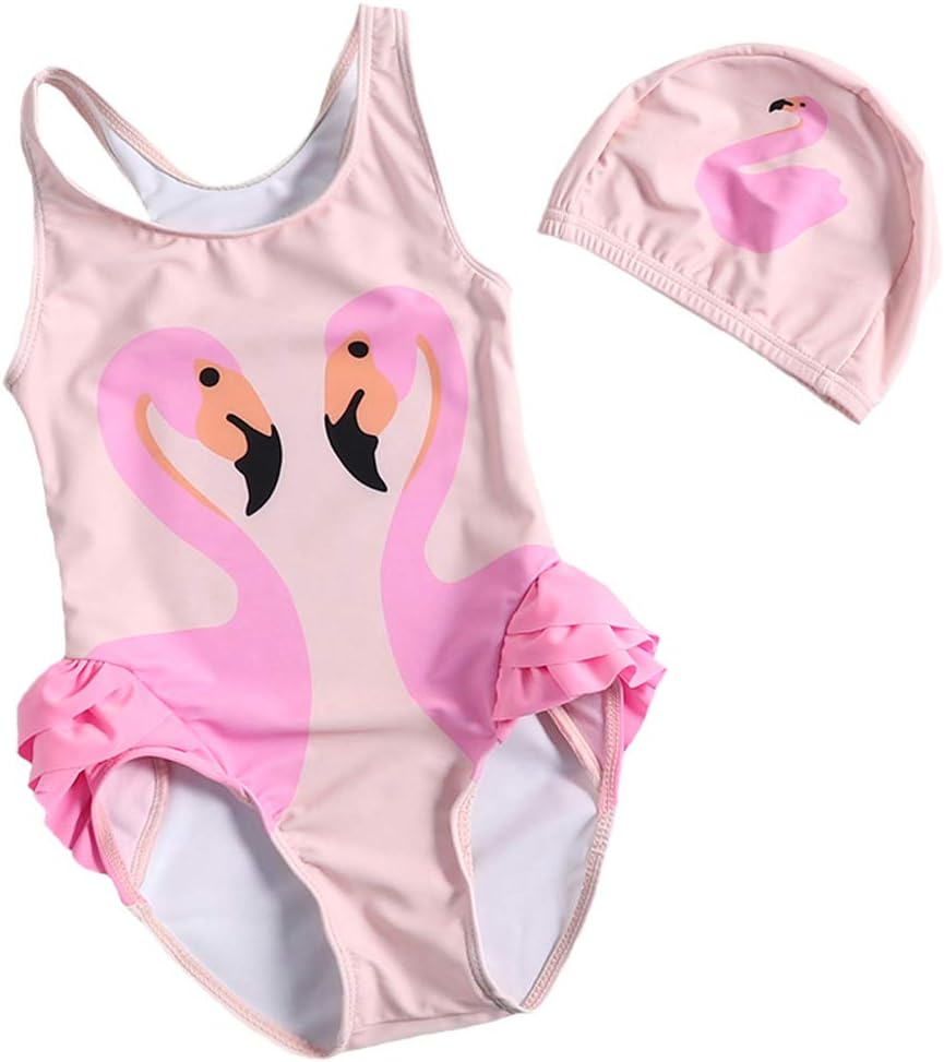 Girls One Piece Swimsuits Swimwear with Cap Baby Kids Cute Flamingo Ruffled Swimming Costume Beachwear Children Bathing Suits Sets Outfits Clothing Age 1-8 Years