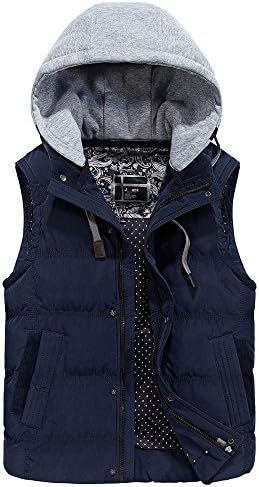 Men Puffer Vest With Hood Zipper Winter Cotton Sleeveless Stand Collar Quilted Jacket Puffer Coat 3XL Dark Blue