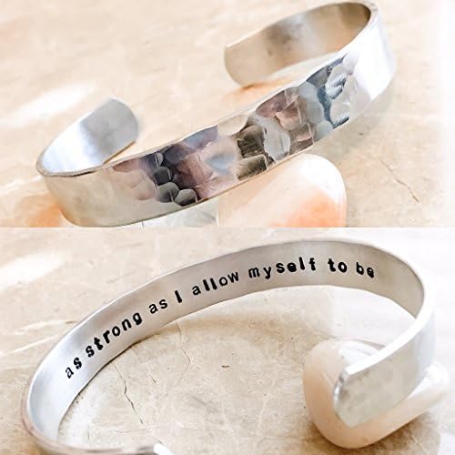 Personalized Hand Stamped Silver Tone Bracelet, Customize Your Own Metal Cuff - Inspirational Message, Bible Verse, Motivational Quote - As Strong As I Allow Myself to Be - Personalize with Your Words