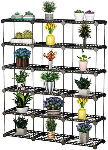 Koossy Portable Plant Stands Racks Custom Shaped Pot Shelf Standing Baker's Racks for Flowers Metal Shelving Unit for Green House Indoor Outdoor Multifunction Storage Organizer, 15-grid Black