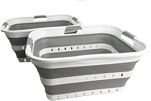 SAMMART 42L (11 gallons) Set of 2 Plastic Foldable Storage Basket/Container - Collapsible, Space Saving and Portable Laundry Hamper, Ideal for Home, Travel, Dorm, and Camping (2, White/Grey)