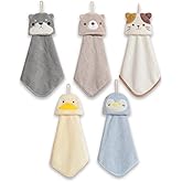 PRATIQUE 5 Pack Cute Hand Towels, Bathroom Towels with Hanging Loop, Children Hand Towel Animals, Microfiber Coral Fleece Absorbent Hand Towel for Kitchen Bathroom Bedroom (5pcs)