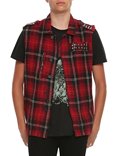 Tripp NYC Gothic Punk Rocker Exploited Biker Trucker Studded Tartan Plaid Jacket Shirt Vest (2XL)