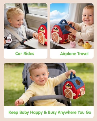 hahaland Montessori Baby Toys 6-12 Months - Surprise Barn with Stuffed Farm Animals Toys for Babies with Rattle & Mirror, Sensory Toys for Babies Boy Girl, Travel Toys for Toddlers 1-3