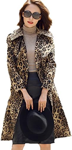 EORISH Women Long Sleeve Lapel Long Overcoat Leopard Print Trench Coat