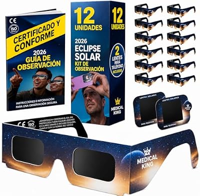 Óculos Solar Eclipse Aprovados Pack de 12 Com 2 lentes fotográficas para smartphone Aprovados segundo a norma ISO 12312-2, com certificação CE: Eclipse 2026 Solar Eclipse Glasses