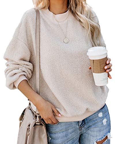 PRETTYGARDEN Women's Casual Long Sleeve Round Neck Solid Color Sherpa Pullover Sweatshirt Fuzzy Fleece Coat Tops (Beige, Small)