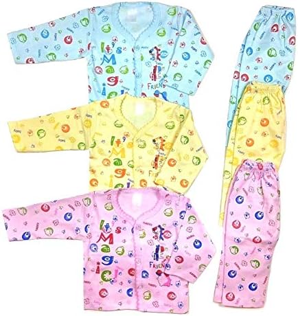 Niknod Baby Full Sleeves Soft Hosiery Cotton Jhabla T-Shirts Vests with Pajama Pant Dress for Kids Infant Toddler Newborn Clothes 3-Set Pack Happy Baby Design (9-12 Months)