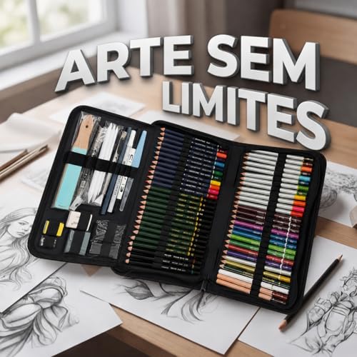 Kit Lapis de Desenho Profissional 75 Peças com Estojo Portátil, Lapis de Cor e Grafite Profissional, Sketchbook, Borrachas, Estilete e Acessórios para Artistas e Estudantes Linha Super Premium