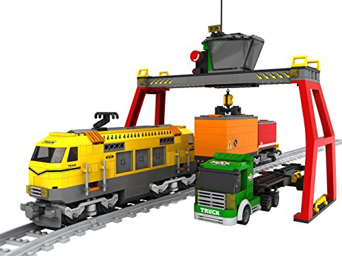 Modbrix Bausteine Verladeterminal mit Güterzug + 2 Güterwagen, LKW mit Container Auflieger, Verladekran und Schienen…
