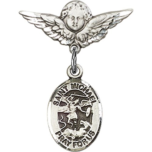 Sterling Silver Baby Badge with St. Michael the Archangel Charm and Angel w/Wings Badge Pin 7/8 X 3/4 inches