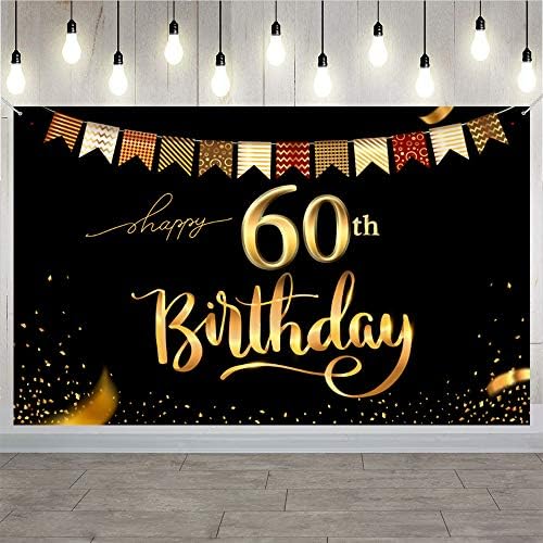 Trgowaul 60th Birthday Backdrop Gold and Black 5.2x3.3 ft