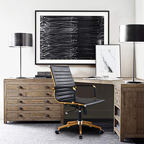LUXMOD Gold Office Chair in Black Leather, Mid Back Office Chair with