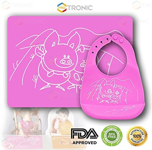 Protronic Lift Time Guarantee Waterproof Baby kids Toddler infants Silicone Soft Washable Bib and Placemat easy wipes BPA Free PDA Approved (Pink)