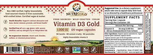 NutriGold Vitamin D3 1000 IU, 120 Vegan Capsules (Vegan D3 from Lichen, GMO-Free, Preservative-Free)