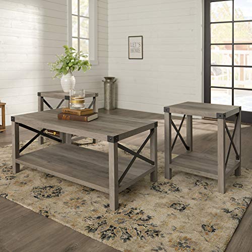 Walker Edison 3Piece Rustic Wood and Metal Coffee Table Set in Gray
