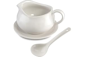 Zenvy 24 Oz Gravy Boat | Ceramic White Gravy Dish Set (24 Oz White) | Includes Gravy Boat, Saucer and Spoon