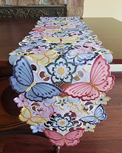 GRANDDECO Spring Easter Butterfly Table Runner,Applique Floral Butterfly Cutwork Embroidered Table Linen, Home Kitchen Dining Tabletop Decoration, Runner 13"Ã—68"ï¼ˆ33x172cmï¼‰, Spring Color