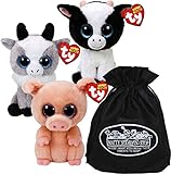 Ty Beanie Boos Butter (Cow), Piggley (Pig) & Gabby (Goat) Gift Set Bundle with Bonus Matty's Toy Stop Storage Bag - 3 Pack
