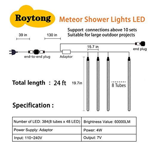 Roytong LED Meteor Shower Rain Lights 50cm 10tubes 540LED Falling Rain Drop Light Waterproof