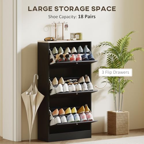 HOMCOM Narrow Shoe Cabinet, Shoe Storage Cabinet with 3 Flip Drawers and Adjustable Shelves for Hallway, Entryway, Holds 12-18 Pairs, Black