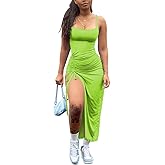 Nimsruc Womens Sexy Summer Dresses Spaghetti Strap Thigh-high Slit Ruched Bodycon Maxi Club Cocktail Party Dress