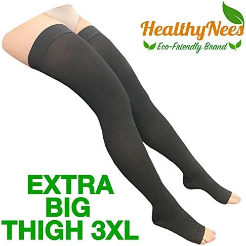 HealthyNees Thigh High Length Open Toe 20-30 mmHg Compression Extra Wide Plus Size Thick Leg Big Calf Circulation Swelling Socks (Black, Extra Big Thigh 3XL)