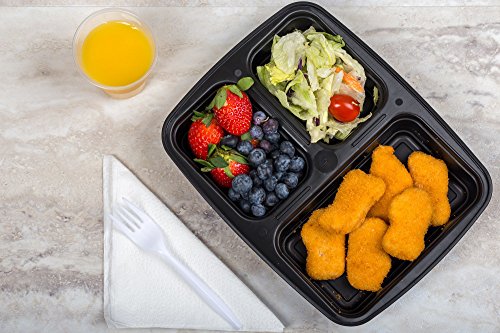 ChefLand 3-Compartment Microwave Safe Food Container with Lid/Divided Plate/Bento Box/Lunch Tray with Cover, Black, 10-Pack - Thumbnail 6
