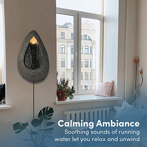 Teardrop, Indoor/Outdoor Wall Fountain 20” x 12” | Handcrafted Natural Stone Look with LED Lights, Adjustable Speed, Calming Waterfall Sounds | Made with Polyresin Material (Charcoal) … - Thumbnail 7