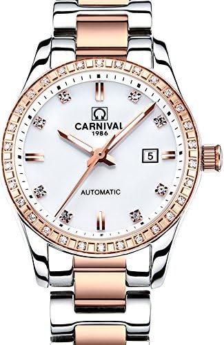 Womens 25 Jewels Automatic Gold Watches With Rhinestone Mineral Mirror Calendar Luminous Watch White