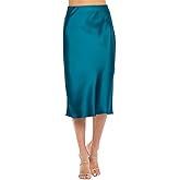 Women Solid High Waist Silky Casual Elastic Satin Midi Skirt -Made in USA (Available in Plus Size)