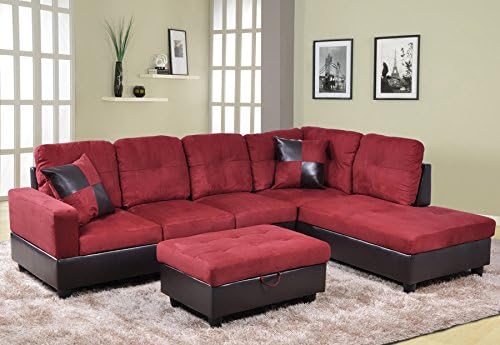 Eternity Home Andover 3 Seated Right Facing Chaise L Shaped Sectional Red Sofa with Ottoman