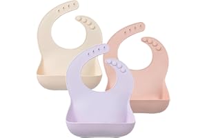 Ginbear Waterproof Silicone Bibs for Baby Girls, Toddler Silicon Feeding Bibs 3 Pack (Pink, Lilac, Ivory)