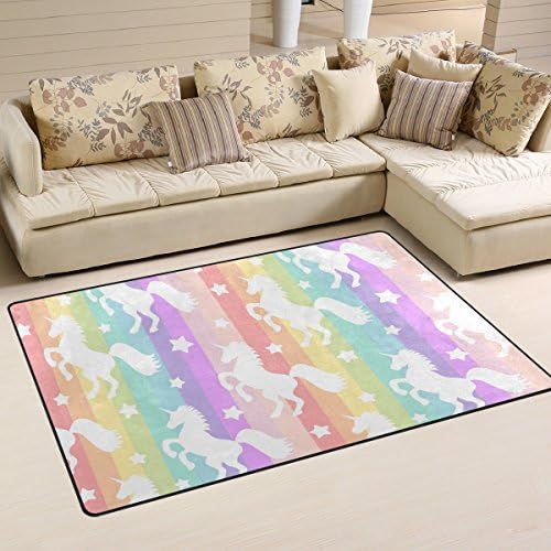 WellLee Area Rug,Cute Unicorns Silhouette On Rainbow Striped Pattern Floor Rug Non-Slip Doormat for Living Dining Dorm Room Bedroom Decor 60x39 Inch
