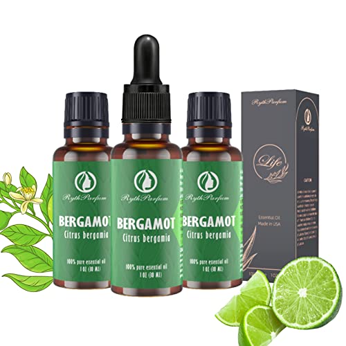 RythParfum Bergamot Oil (3 Pack of 1oz) with Eye Dropper|100% Pure Undiluted Natural Oil with Eye Dropper for Diffuser,Humidifier,Refreshing,Aromatherapy|Dropping CAPS for Face,Hair, Skin,Massage.