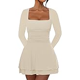 OKIFOIR Women's Square Neck Mini Dress Long Sleeve Ruffle Hem Corset Ruched Waist Short Party Dresses