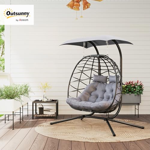 Outsunny Double Hanging Egg Chair with Canopy, Foldable Wicker Egg Swing Chair with Steel Stand, Cushion, Headrest, Indoor Outdoor Hammock Chair, 573lbs Capacity, Black