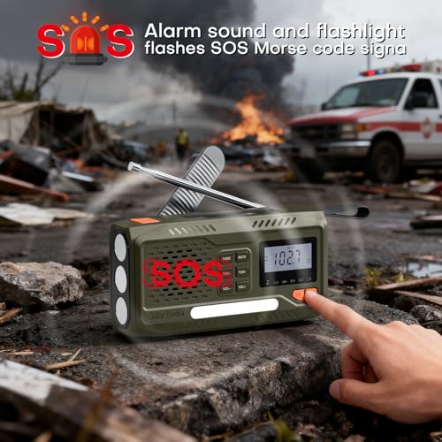 Survival Radio, Battery Operated Portable Solar Radio with 4500mAh Rechargeable Battery, AM/FM Crank, Screen, Emergency Kit with Lamp, SOS Alarm and Smart Phone Emergency Charging