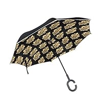 KUneh Double Layer Inverted French Heraldic Fleur De Lis Pattern Umbrellas Reverse Folding Umbrella Windproof Uv Protection Big Straight Umbrella for Car Rain Outdoor with C-Shaped Handle