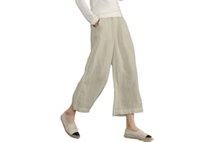 ECUPPER Womens Casual Loose Elastic Waist Cotton Trouser Cropped Wide Leg Pants