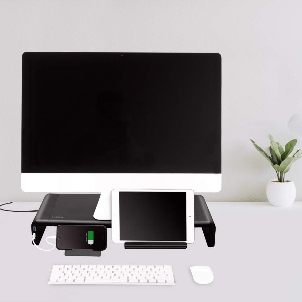 Logilink Ergonomic TV Monitor Riser with 3 x USB Ports, Max. Load 25 kg, Length = 42-52 cm, black, variabel (42-52cm) & USB - Image 3