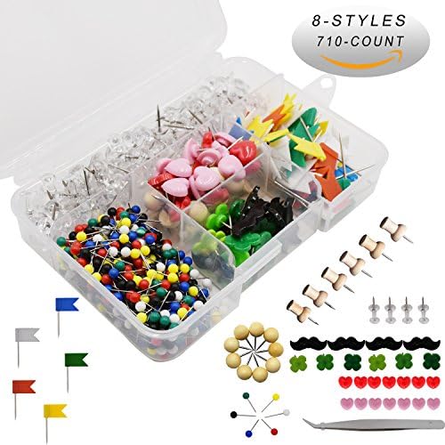 Push Pins Set of 710 Count Various Practical and Decorative Pushpins/Thumbtacks for Home or Office Organization, Colorful for Cork Board, Bulletin Board and Map Locationing