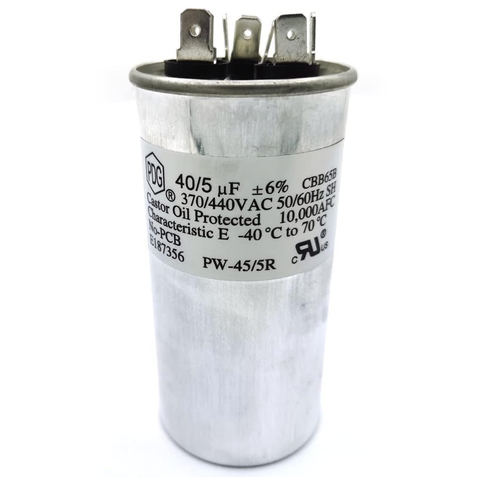 Photo 1 of CBB65B 40+5 uf/MFD ±6% 370-440 VAC Volts Round Dual Run Capacitor 50/60 Hz AC Electric Condenser Straight Cool or Heat Pump Air Conditioner
