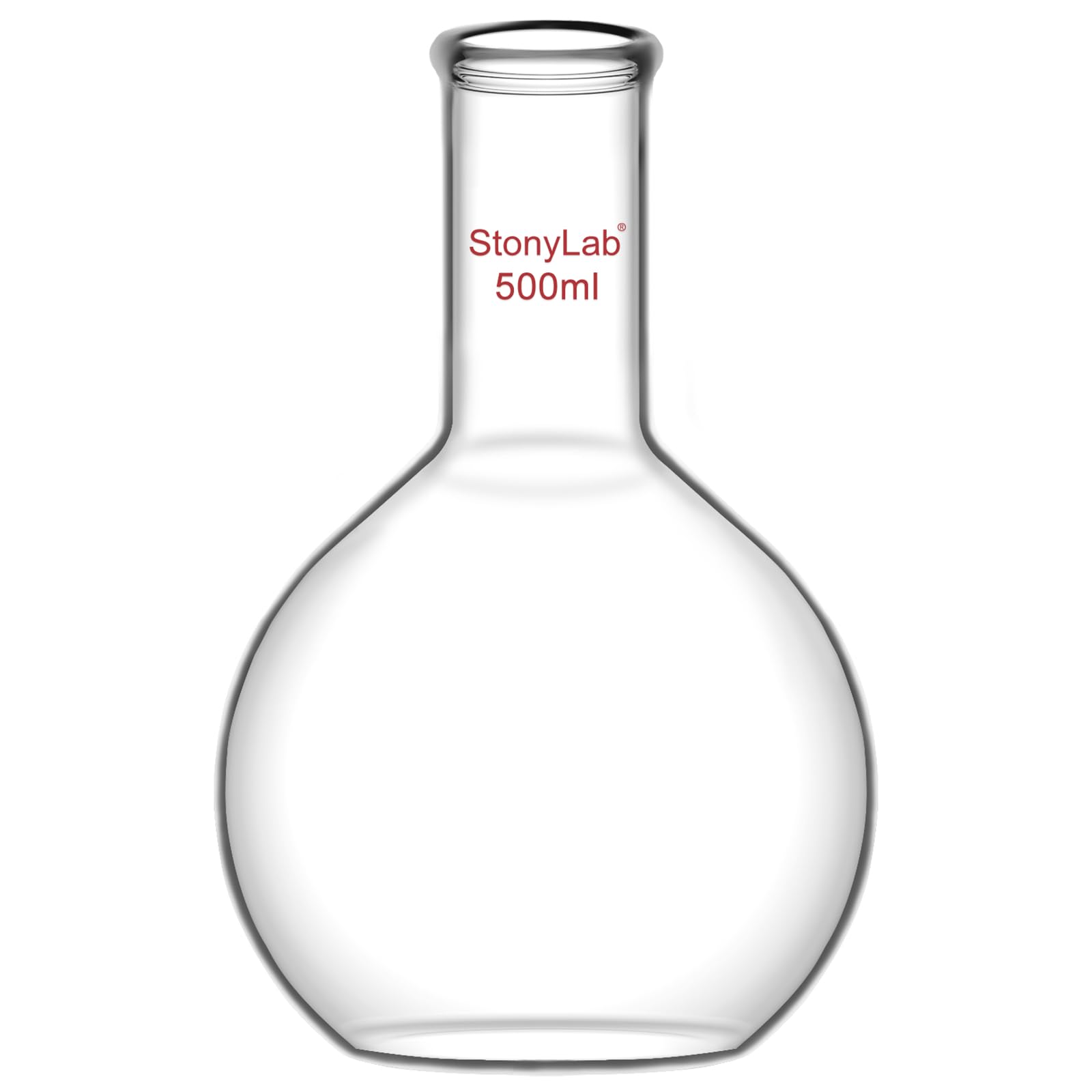 StonyLab Glass 500ml Long Neck Flat Bottom Flask, Borosilicate Glass Heavy Wall Flat Bottom Boiling Flask with Long Neck, 500ml