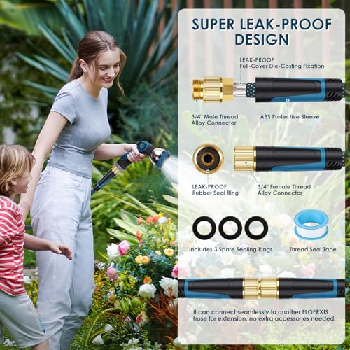 FLOERXIS Non-Expandable Garden Hose 100 FT, Lightweight Hose with 10 Function Spray Nozzle, Kink-Free Flexible Water Hose, Durable, Leak-Proof, 360° Swivel Connectors, Portable Storage Strap