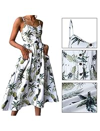 YUHUAWYH Vestido de verano para mujer, floral, bohemio, con tirantes, sin espalda, con bolsillos, tallas S-2XL