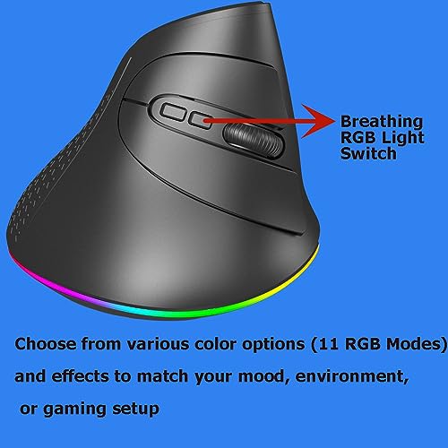 Wireless Mouse Bluetooth Rechargeable Dual Mode Ergonomic Vertical Large Carpal Tunnel Ergo Optical Travel Cordless Mice for PC Laptop Computer Mac iPad Pro MacBook Pro/Air,RGB Light,Side Buttons