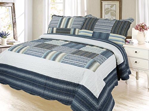 sazana Plaid Printed Bedding 3 Piece Bedspread Quilt Set, Queen, Cadet Gray