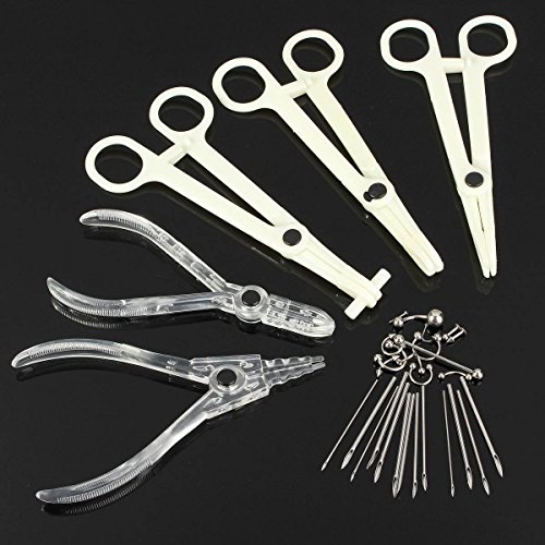 LuckyFine Disposable Sterile 2Pcs Pliers 3Pcs Forceps Needles Body Piercing Supplies Tools Kit Set